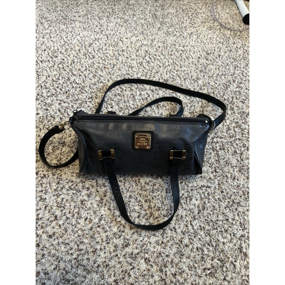 MCM Women's Leather Boston Bag Gray Black Used Germany 2 Handles Crossbody Strap